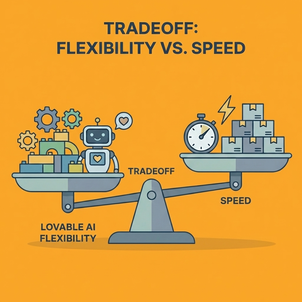 Balance scale showing flexibility on one side and speed on the other to illustrate the tradeoff of using Lovable AI